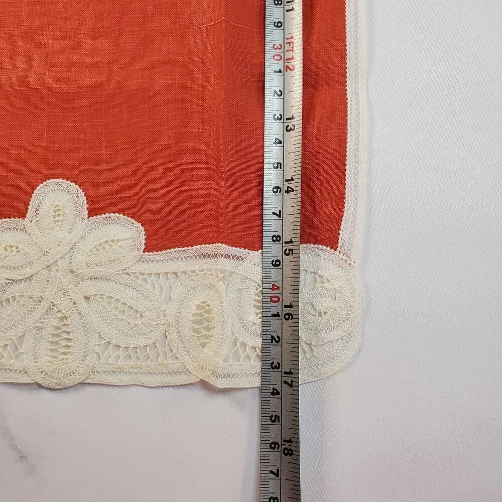 Vintage Hand Sewn Red Embroidered Brussels Belgium Lace Tea Towels 17x10 inches